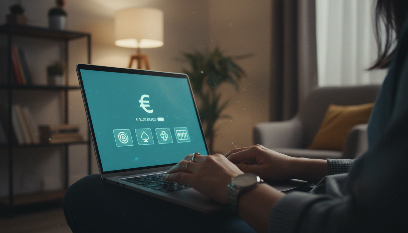 Gracz korzystający z laptopa w zaciszu domowym przy użyciu bezpiecznych metod płatności cyfrowych