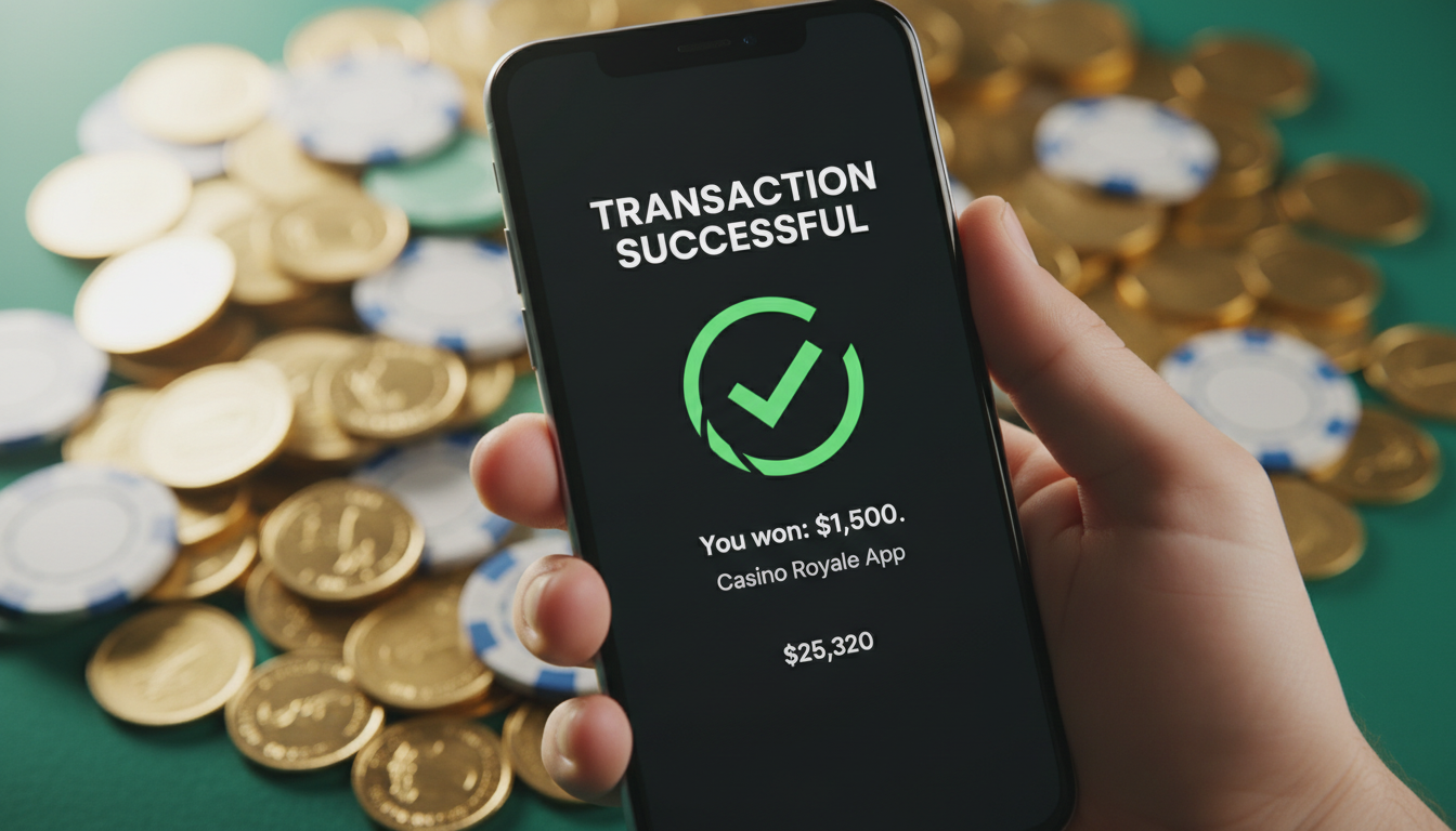 Expert hand holding a smartphone showing a casino balance withdrawal confirmation