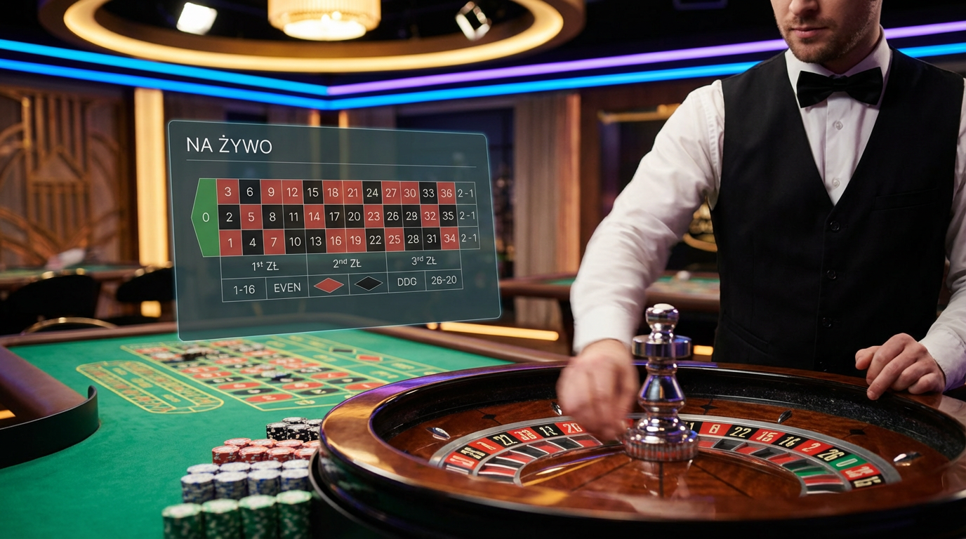 Widok na stół do ruletki w kasynie na żywo z interfejsem cyfrowym